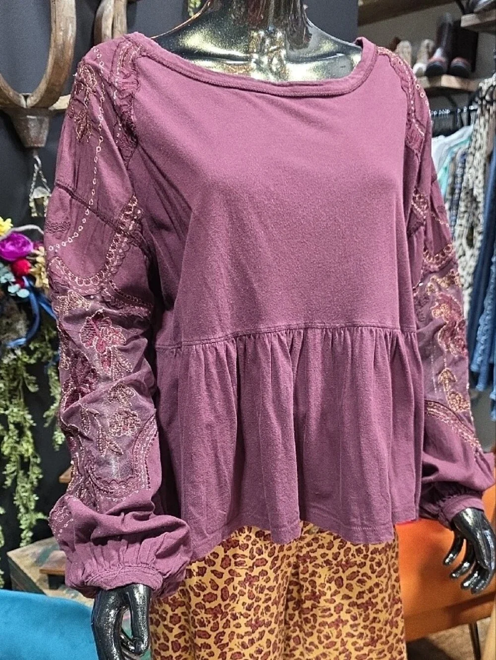 Free People Maroon Embroidered Peplum Long-Sleeve Top